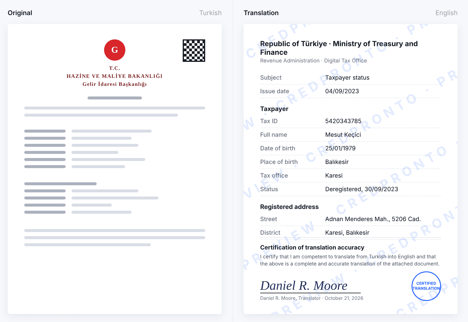 CredPronto side-by-side preview of a Turkish tax letter and its certified English translation